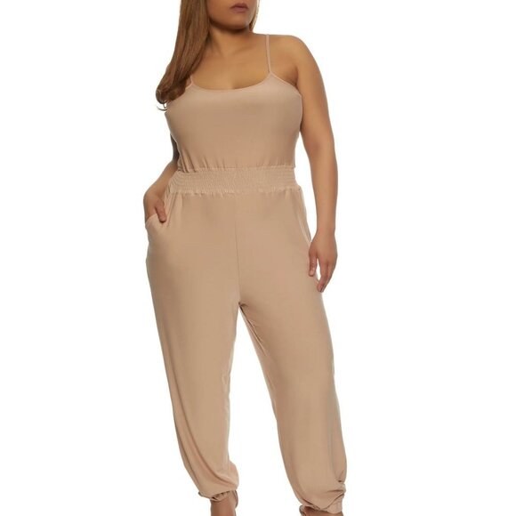NWT Jolie & Joy Smocked‎ Waist Cami Jumpsuit - Taupe - Size Small - Picture 1 of 10